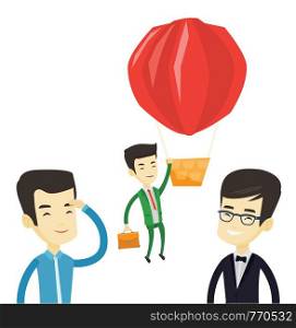 Two asian employees looking at their successful colleague. Hardworking worker flying away in a balloon from his less successful colleagues. Vector flat design illustration isolated on white background. Business man hanging on balloon.