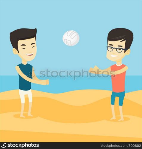 Two asian friends having fun while playing beach volleyball during summer holiday. Young sportsman playing beach volleyball with his friend. Vector flat design illustration. Square layout.. Two men playing beach volleyball.