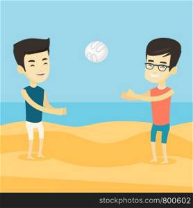 Two asian friends having fun while playing beach volleyball during summer holiday. Young sportsman playing beach volleyball with his friend. Vector flat design illustration. Square layout.. Two men playing beach volleyball.