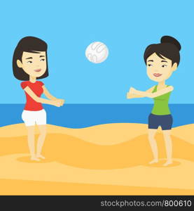 Two asian friends having fun while playing beach volleyball during summer holiday. Young sportswoman playing beach volleyball with her friend. Vector flat design illustration. Square layout.. Two women playing beach volleyball.