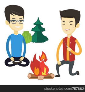 Two asian friends sitting around campfire. Friends having fun in camping. Tourists relaxing near campfire. Concept of travel and tourism. Vector flat design illustration isolated on white background.. Two friends sitting around bonfire in camping.