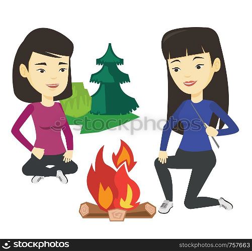Two asian friends sitting around campfire. Friends having fun in camping. Tourists relaxing near campfire. Concept of travel and tourism. Vector flat design illustration isolated on white background.. Two friends sitting around bonfire in camping.