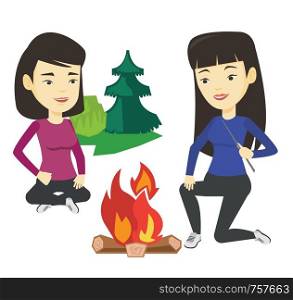 Two asian friends sitting around campfire. Friends having fun in camping. Tourists relaxing near campfire. Concept of travel and tourism. Vector flat design illustration isolated on white background.. Two friends sitting around bonfire in camping.