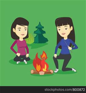 Two asian friends sitting around campfire. Group of young friends having fun in camping. Tourists relaxing near campfire. Concept of travel and tourism. Vector flat design illustration. Square layout.. Two friends sitting around bonfire in camping.