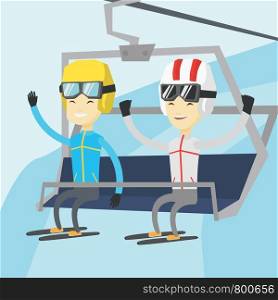 Two asian men sitting on ski elevator in winter mountains. Skiers using cableway at ski resort. Skiers on cableway in mountains at winter sport resort. Vector flat design illustration. Square layout.. Two happy skiers using cableway at ski resort.