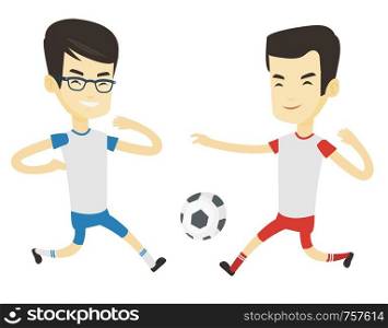 Two asian soccer players fighting over control of ball during a football match. Football players in action during champions league match. Vector flat design illustration isolated on white background.. Two male soccer players fighting for ball.