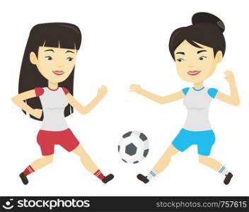Two asian soccer players fighting over control of ball during a football match. Football players in action during champions league match. Vector flat design illustration isolated on white background.. Two female soccer players fighting for ball.
