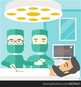 Two asian surgeons working and looking over a lying patient in an operating room vector flat design illustration. Square layout.. Operation.