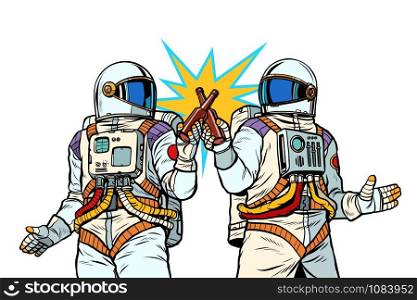 Two astronauts drink beer. Male friendship. Pop art retro vector illustration drawing vintage kitsch. Two astronauts drink beer. Male friendship