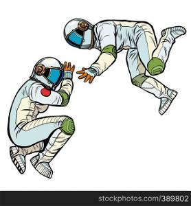 two astronauts in zero gravity. Pop art retro vector illustration kitsch vintage. two astronauts in zero gravity