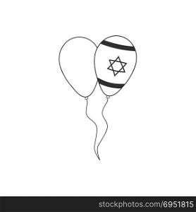 Two balloons icon in black flat outline design with Israel Independence Day holiday concept flag.