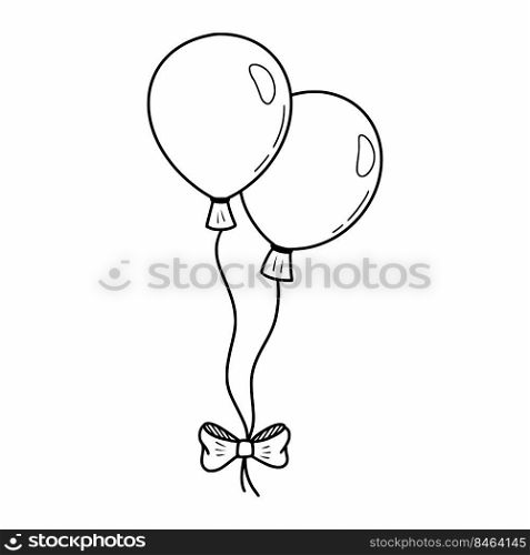 Two balloons with bow. Decor for holiday. Vector doodle illustration. Hand drawn.