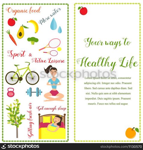 Two banners healthy life style in flat design with bright icons. Two banners healthy life style in flat design