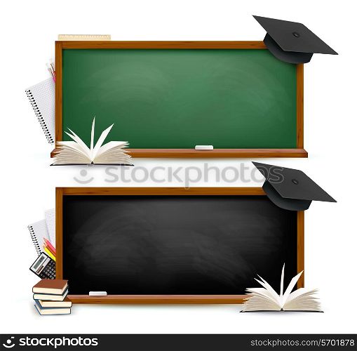 Two banners of chalkboards with school supplies and graduation caps. Vector