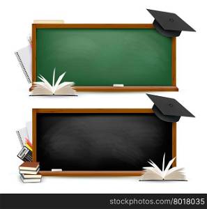 Two banners of chalkboards with school supplies and graduation caps. Vector