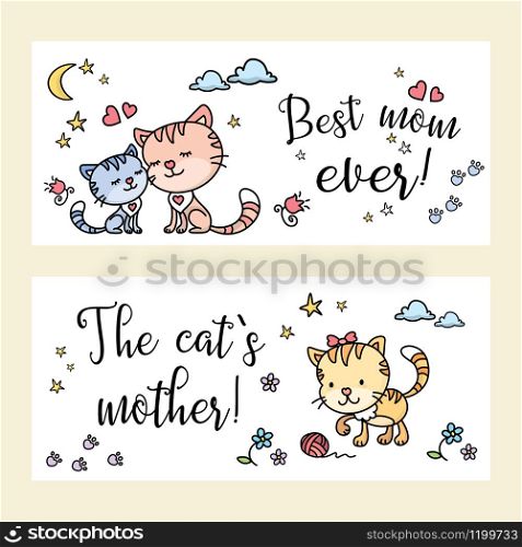 Two banners with funny and cute cats,mother day card template,vector illustration