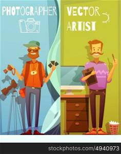 Two Banners With Funny Photographer And Artist. Two vertical cartoon banners with funny photographer and artist standing near equipment for their creative work flat vector illustration