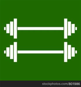 Two barbells icon white isolated on green background. Vector illustration. Two barbells icon green