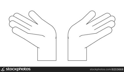 Two bare palms raising up flat line black white vector first view hands. Editable isolated outline icon. Praising god simple cartoon style spot illustration for web graphic design, animation. Two bare palms raising up flat line black white vector first view hands