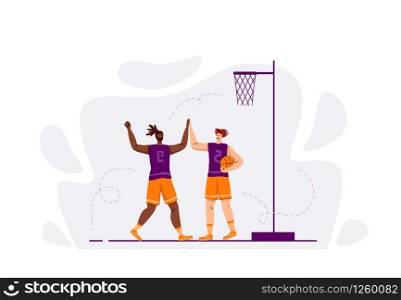 Two basketball players with ball playing game, good teamwork and happiness, illustration with muscular athletic men or sportsmans for banner, poster, website or merch print, flat people - vector. basketball player sport concept