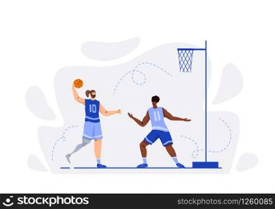Two basketball players with ball playing game, good teamwork, muscular Disabled athletic man or sportsmans - inclusion concept for banner, poster, website or merch print, flat people - vector. basketball player sport concept