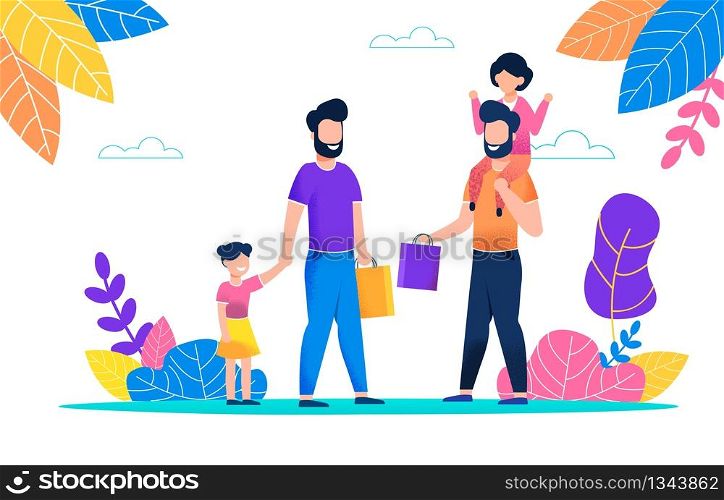 Two Bearded Man Walk with Their Children in Pack. Little Girl Sitting on her Dad Shoulders, Holding her Hand. Father Went for Walk in Park with Child on Hot Summer Day. Guy Holds Paper Bag in his Hand