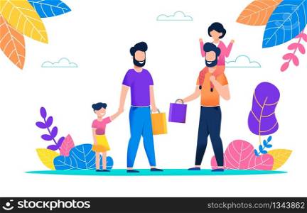 Two Bearded Man Walk with Their Children in Pack. Little Girl Sitting on her Dad Shoulders, Holding her Hand. Father Went for Walk in Park with Child on Hot Summer Day. Guy Holds Paper Bag in his Hand