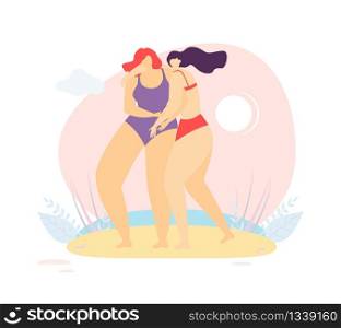 Two Beautiful Cartoon Women Friends Standing Together and Hugging on Summer Beach Female Friendship Vector Illustration Happy Together Sisterhood Trust Help Support Motivational Flat Design Banner. Female Friendship and Support Motivational Banner