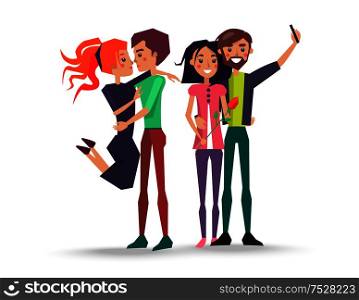 Two beautiful couples in love isolated on white vector illustration. Young pair of lovers embracing and makes selfie on smartphone.. Two Beautiful Couples in Love Isolated on White