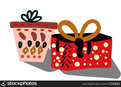 Two beautiful gift boxes with shadow illustration. Hand drawn clipart. Flat style illustration. Greeting card, poster, banner, design element.. Two beautiful gift boxes with shadow