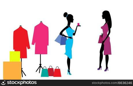 Two Beautiful girls after shopping in boutiques. Vector Illustration. EPS10. Two Beautiful girls after shopping in boutiques. Vector Illustration.