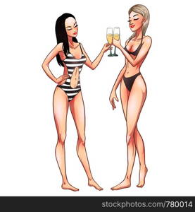 Two beautiful young women in swimsuit holding champagne glasses. Beach party pin-up girls, summer holidays. Vector comic illustration