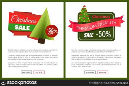 Two best Christmas sale cards vector illustrations with cute trees, bright red ribbons, ad text, isolated on white background with deep green frames. Two Best Christmas Sale Cards Vector Illustration