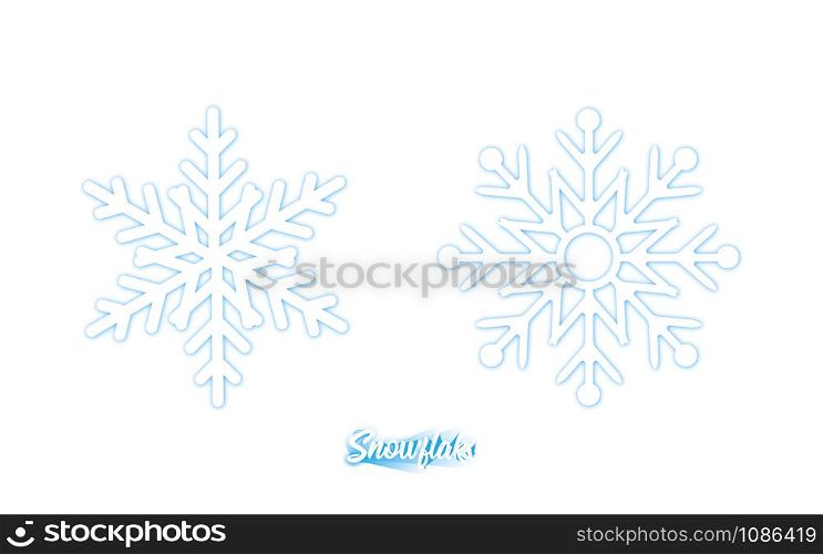 Two big white Snowflakes with blue shadow, isolated on white background. Snowflakes in modern simple flat design. Snowflakes Vector Illustration
