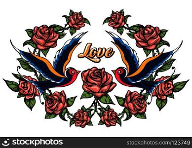 Two Birds and Roses with lettering Love. Vector illustration Drawn in Tattoo Style.