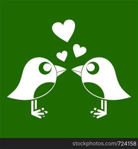 Two birds with hearts icon white isolated on green background. Vector illustration. Two birds with hearts icon green