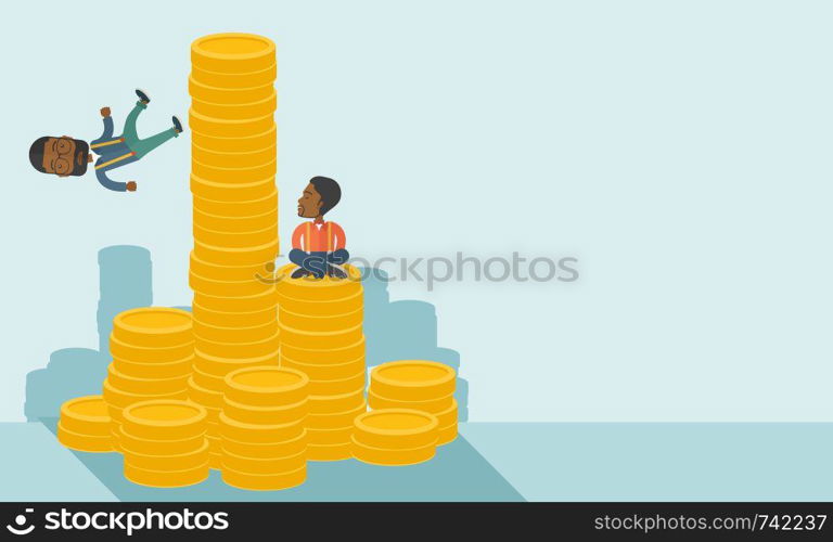 Two black businessman one sitting with self confidence on the top of a coin while the other one, competitor feel sad on his falling down from higher piled coin as a symbol of unsuccessful business. A contemporary style with pastel palette soft blue tinted background. Vector flat design illustration. Horizontal layout with text space in right side.. Two black businessmen.