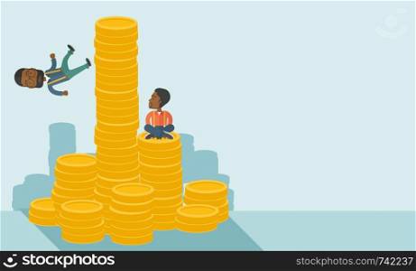 Two black businessman one sitting with self confidence on the top of a coin while the other one, competitor feel sad on his falling down from higher piled coin as a symbol of unsuccessful business. A contemporary style with pastel palette soft blue tinted background. Vector flat design illustration. Horizontal layout with text space in right side.. Two black businessmen.