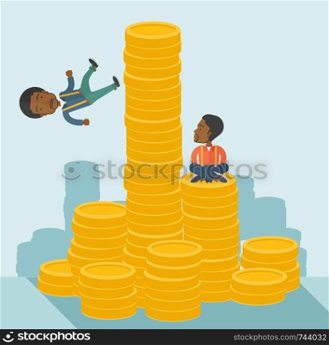 Two black businessman one sitting with self confidence on the top of a coin while the other one, competitor feel sad on his falling down from higher piled coin as a symbol of unsuccessful business. A contemporary style with pastel palette soft blue tinted background. Vector flat design illustration. Square layout. . Two black businessmen.