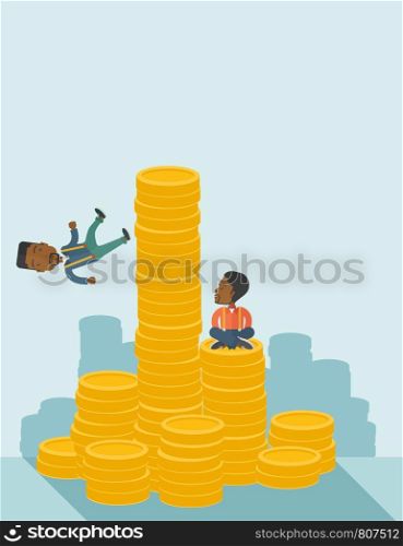 Two black businessman one sitting with self confidence on the top of a coin while the other one, competitor feel sad on his falling down from higher piled coin as a symbol of unsuccessful business. A contemporary style with pastel palette soft blue tinted background. Vector flat design illustration. Vertical layout with text space on top part. . Two black businessmen.