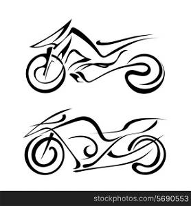 Two black silhouette of a motorcycles on a white background