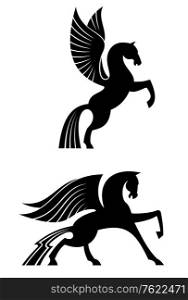 Two black winged horses for heraldry and decoration design