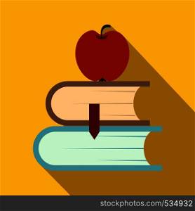 Two books and apple icon in flat style on a yellow background. Two books and apple icon, flat style