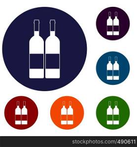 Two bottles of wine icons set in flat circle red, blue and green color for web. Two bottles of wine icons set