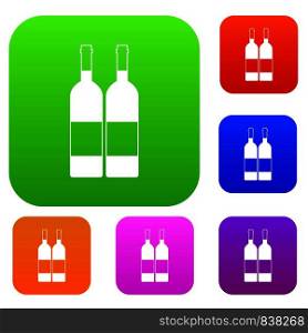Two bottles of wine set icon color in flat style isolated on white. Collection sings vector illustration. Two bottles of wine set color collection