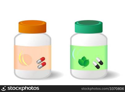 Two bottles with tablets are isolated on white background. Vector