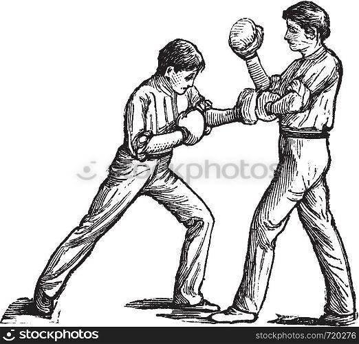 Two boxers fighting, vintage engraving. Old engraved illustration of two boxers fighting and one is showing how to stroke left fist on the chest.