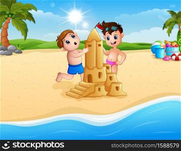 Two boy making sand castle at the beach