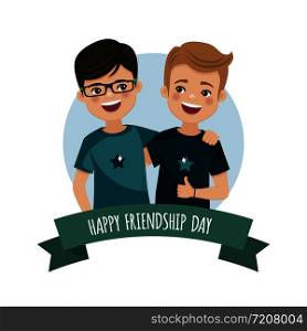 Two boys on the friendship day. United friends forever. Isolated flat vector illustration