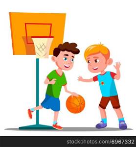 Two Boys Playing Basketball On The Playground Together Vector. Summer Activity. Illustration. Two Boys Playing Basketball On The Playground Together Vector. Summer Activity. Isolated Illustration